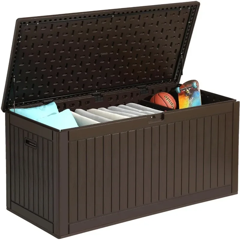 

Deck box with dividers and side handles, outdoor large storage box for patio furniture cushions, garden pool accessories