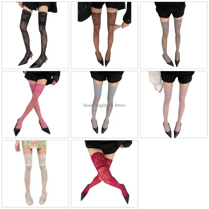 

Elegant Lace Thigh High Socks Floral Pattern Stretchy Nylon Over Knee Stockings For Women 8 Colors Option