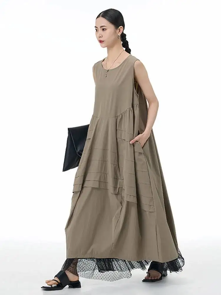 

Женское плиссированное платье цвета хаки с карманами большого размера, длинное платье-жилет, новое модное платье без рукавов с круглым вырезом, весна-лето