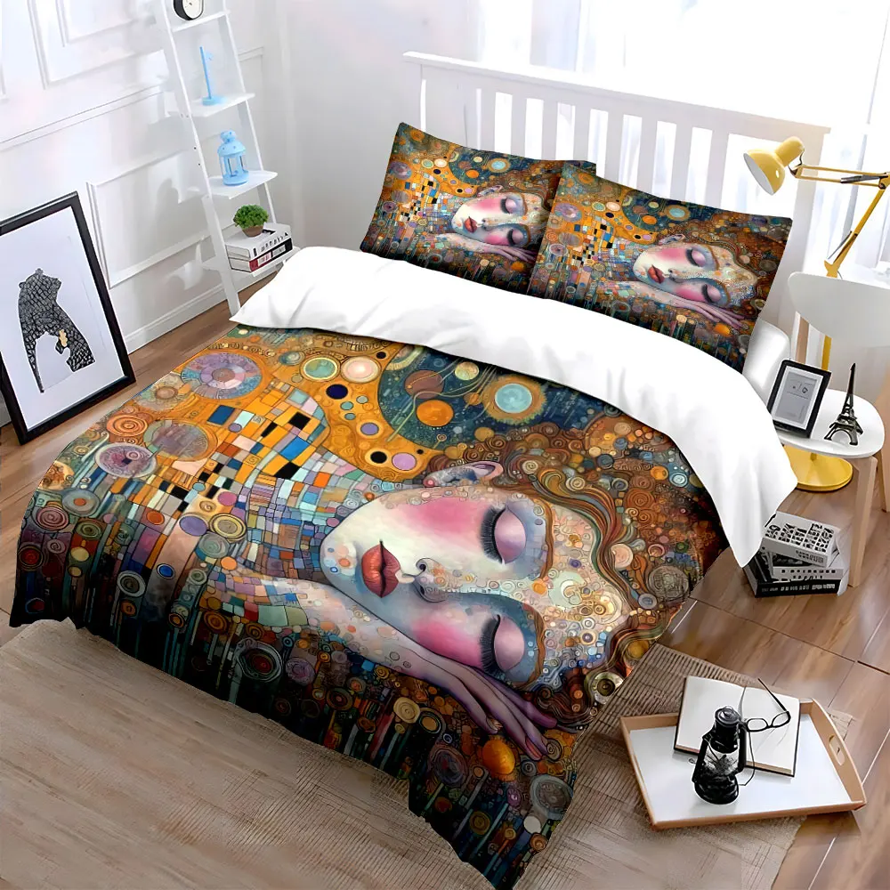 3Pcs Klimt-Inspired Bedding Set, Art Nouveau Sleeping Woman with Gold Mosaic Print Duvet Cover + 2 Pillowcases, Elegant Decor