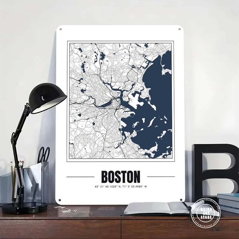 Boston City Map 3D Printed Texture Poster Personalized Wall Art Retro Metal Tin Signs for Decor Living Room Decoration Man Home