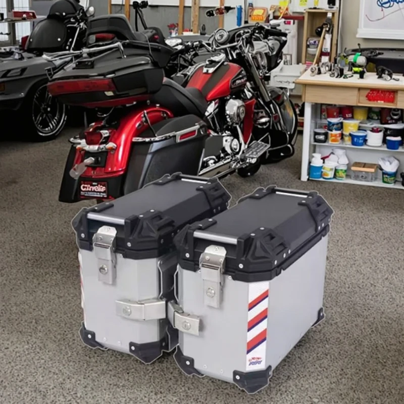 

Universal 38L Black Waterproof Motorcycle Top Box Side Storage Case Aluminum Alloy Rear Luggage Set With Side Plates