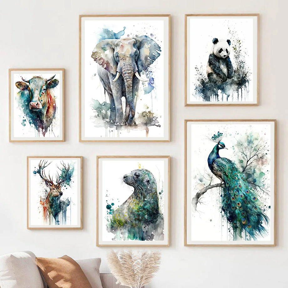 Watercolor Animals Giant Panda Elephant Peacock Deer Water Rose Wall Art Canvas Painting Nordic Poster Living Room Decor