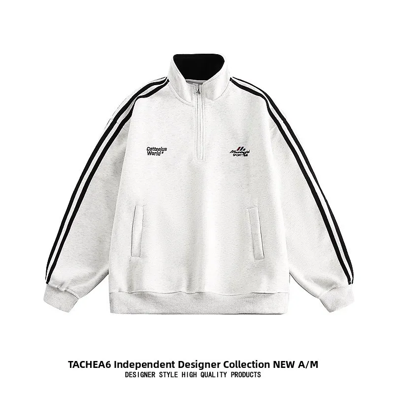 

anyu American Retro Knitted Belt Embroidered Open Cardigan Sweatirt Loose Stand Collar Sport Jaet for Young Men