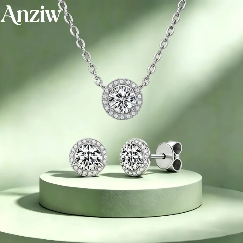 Anziw S925 Sterling Silver D VVS1 6.5MM Moissanite Halo Pendant Necklace Earrings for Women Wedding Jewelry Set Gift Certified