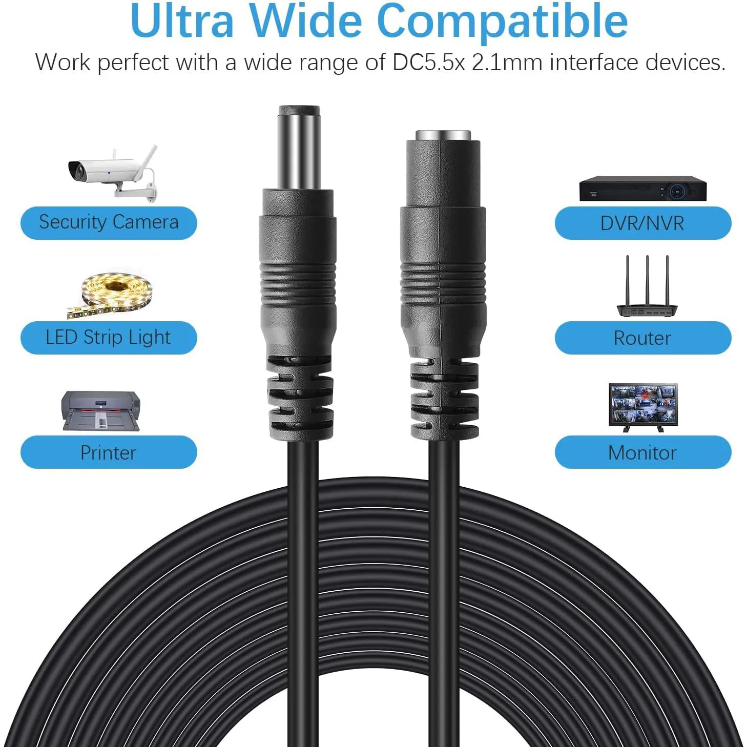 CCTV 10Meters 33FT 2.1x5.5mm Dc 12v Power Extension Cable for Audio Security Cameras Ip Camera Dvr Standalone Led Strip light