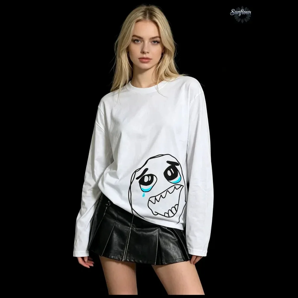 2000s Japanese Y2K Funny Crying Meme Face Print Oversized Long Sleeve T-Shirt | White Grunge Cotton Top E-GIRL Punk Gothic
