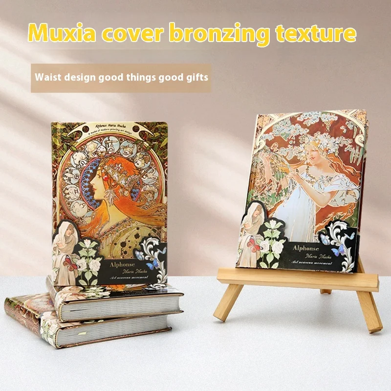 Oil Painting Mucha Girl A5 Notebook Full Color Inside Page Illustration Hardcover Scrapbook Office Log School Diary Stationery