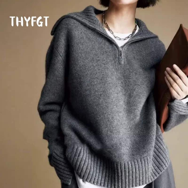 Women's Clothing 100% Wool Gray Sweater Half Zip Collar Loose Casual Pullovers Outerwears Plus Size Winter