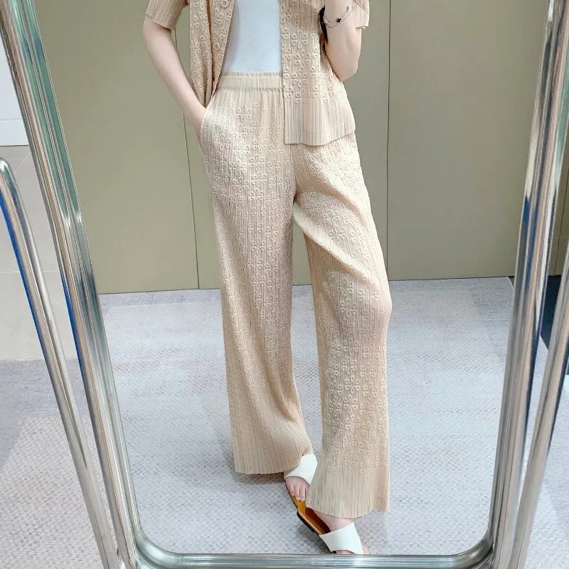 Pleated Pants 2026 Summer New Embossed Print Cool Comfortable Casual Simple Straight Pants Draped No-Iron Women Clothing