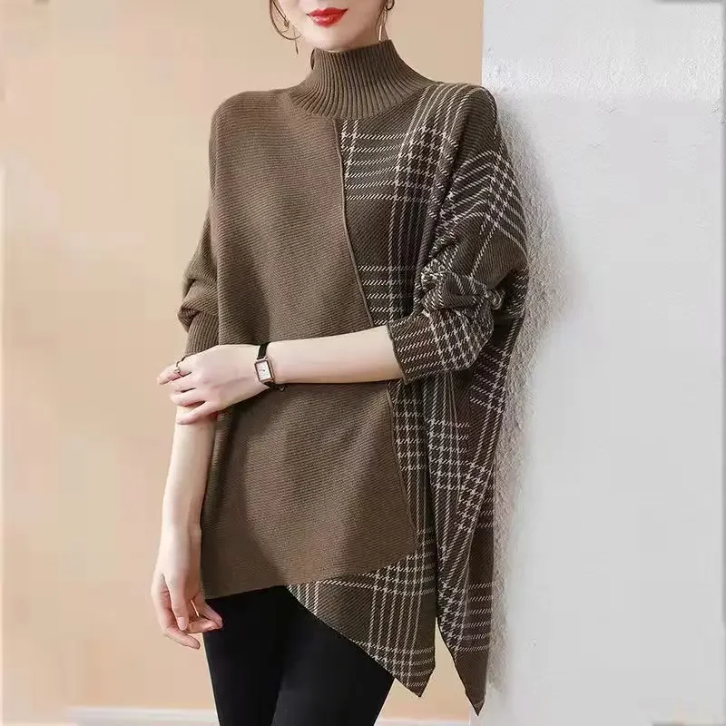 

Fashion Loose Spliced Plaid Asymmetrical Sweaters Women's Clothing Winter Oversized Casual Pullovers Batwing Sleeve Tops N844