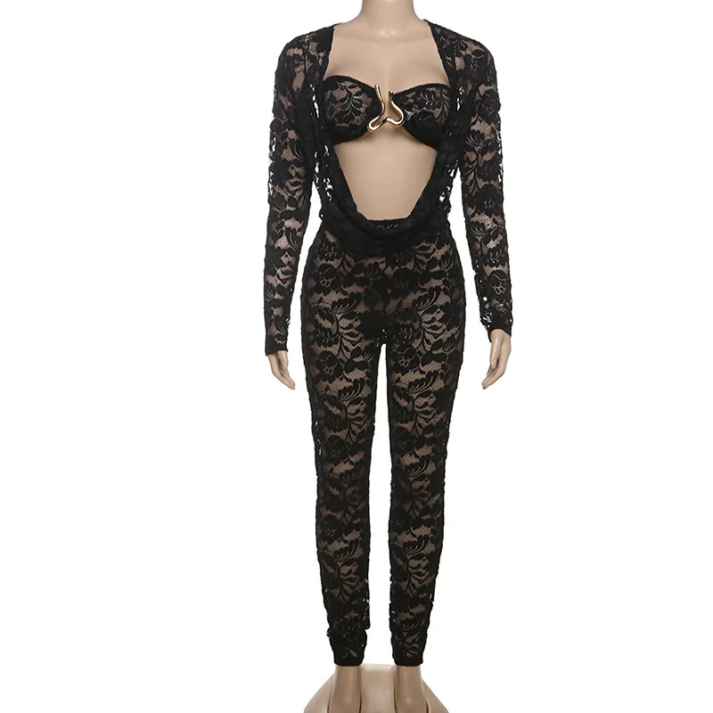 DSMTRC Women Swinging Collar Full Sleeve Black Mesh Sheer Jumpsuit With Strapless Crop Top Street Clubwear Lace Floral Playsuits