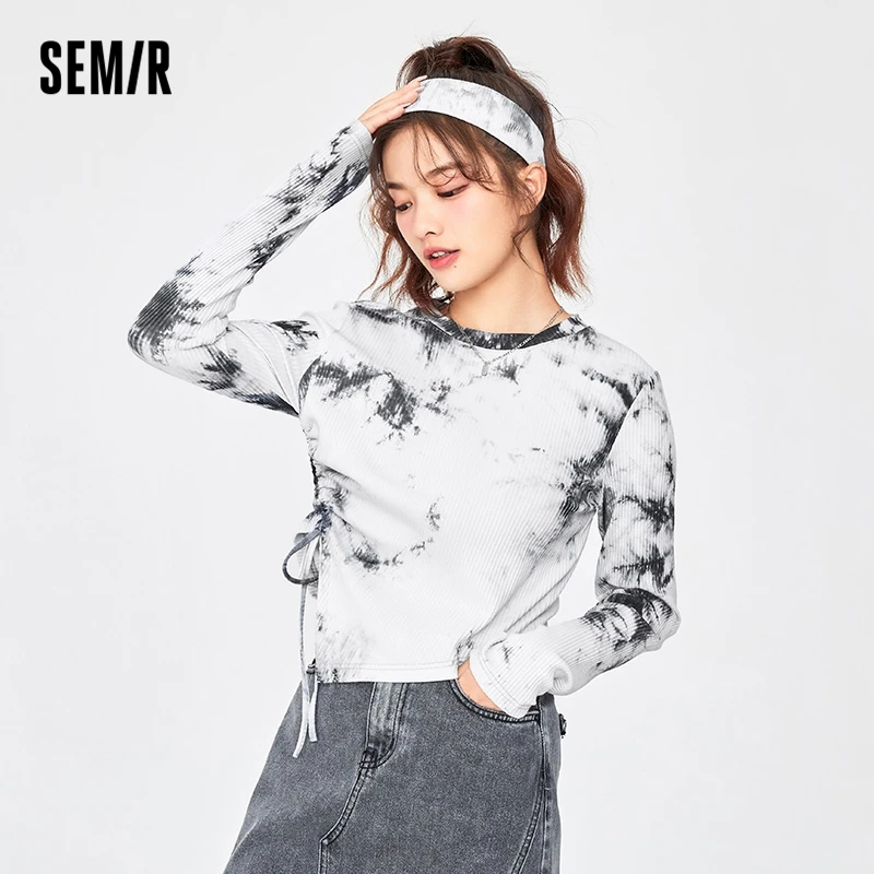 

Футболка Semir с длинным рукавом, женская короткая стильная нишевая дизайнерская Весенняя Новинка 2022, рубашка с чернильным принтом, милый и крутой тренд