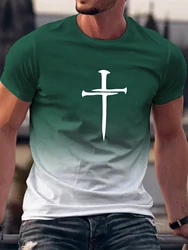 Camiseta confortável com decote em o masculino, estampa padrão cristão cruz, camiseta gráfica, roupas de verão, roupas, bibble