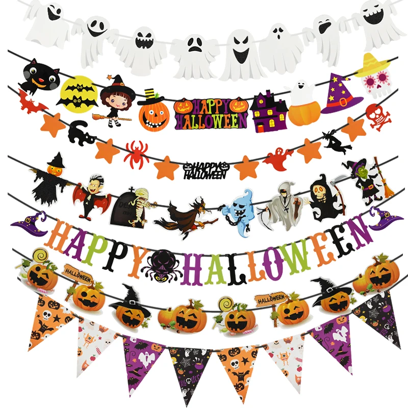 Happy Halloween Paper Banner Horror Bat Pumpkin Witch Spider Skull Garland For Halloween Party Hanging Decoration Bunting Flags