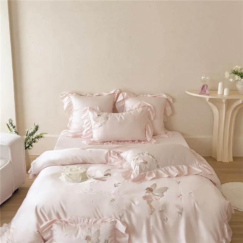 600TC Lyocell Cotton Luxury Cartoon Butterfly Embroidery Bedding Set Duvet Cover Set Bed Sheet/Fitted Sheet Pillowcases 4Pcs