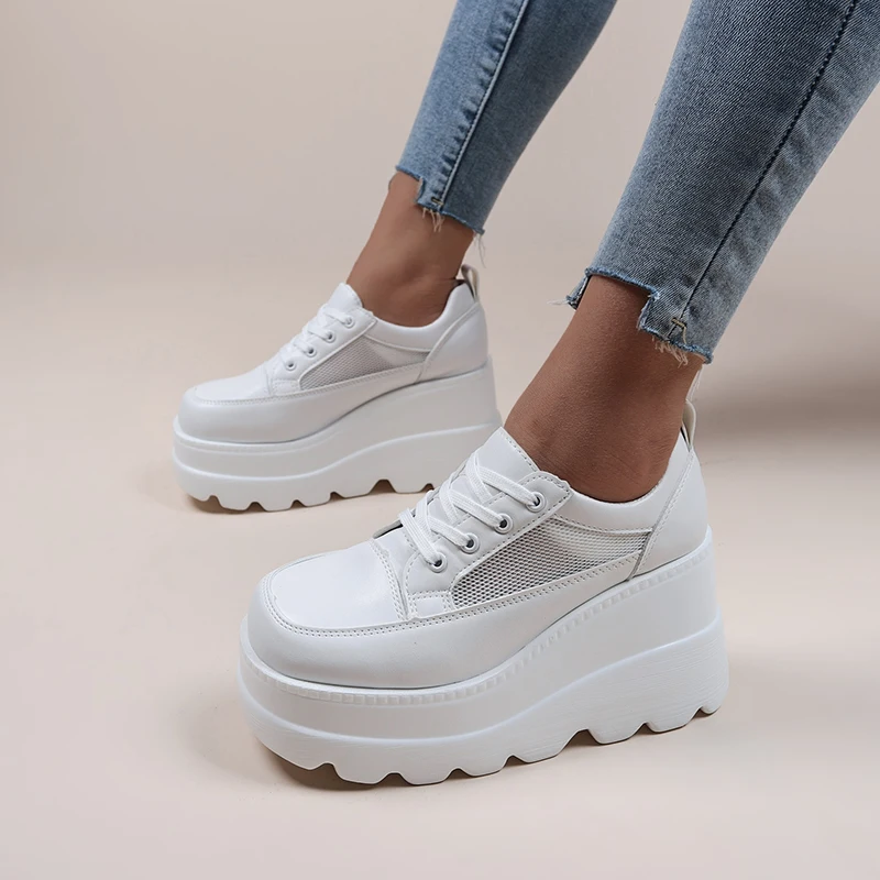 2023 NEW White Wedge Sneakers Shoes Platform Breathable Hollow Shoes Chunky Platform Heel Pumps Shoes Women Heels