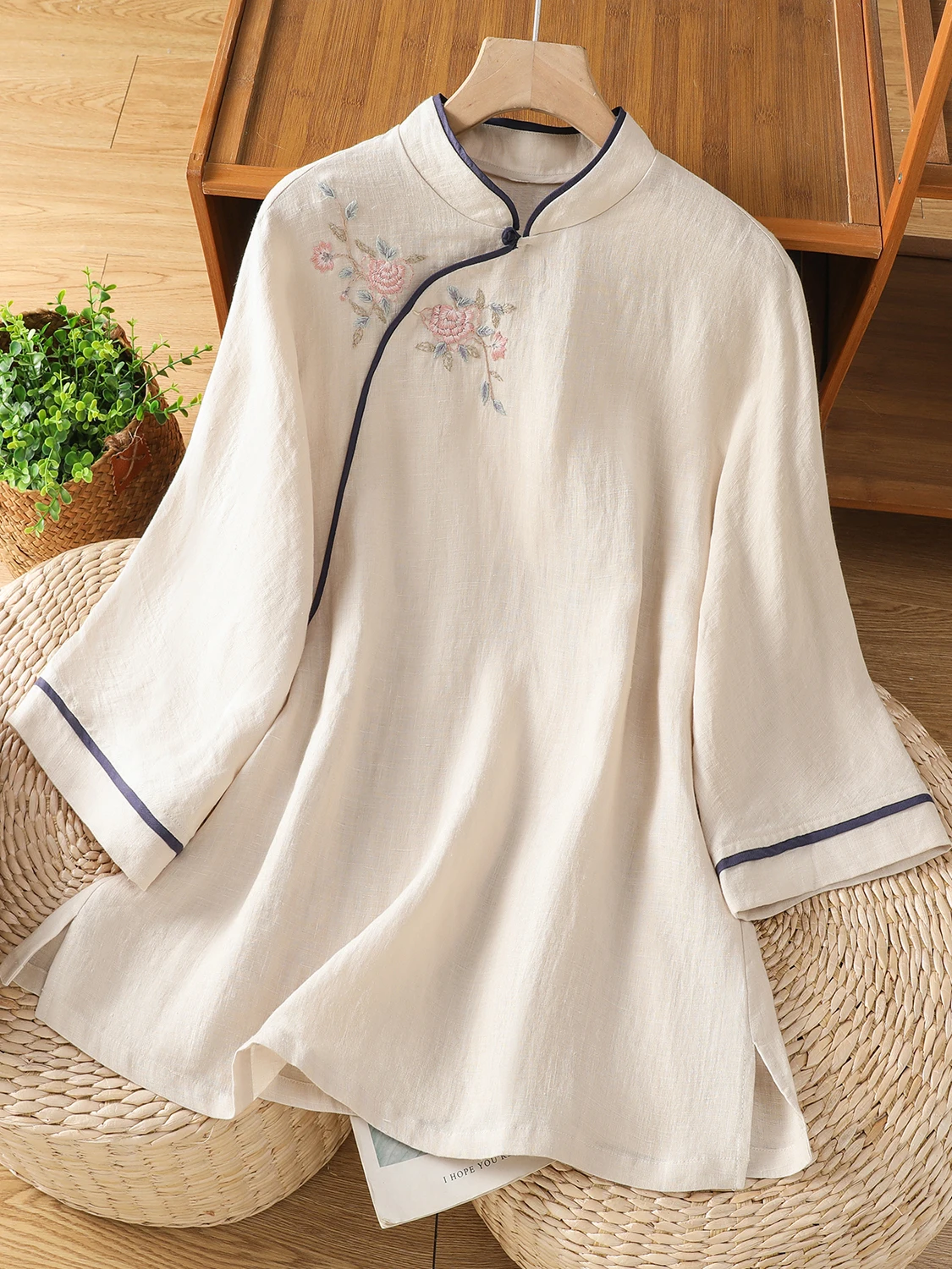 

Large Size Women's irt Design Sensation Zen Sle Republic of China Wind Stand Collar Oblique Sve Flag Dr Top