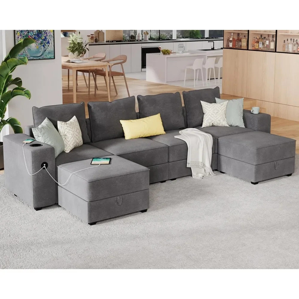 

Sectional Sofa, 114 Inch Modular Sectional Sofa with 2 USB Ports & Cup Holders, 6 Seats U Shaped Couch with Storage, Ottomans