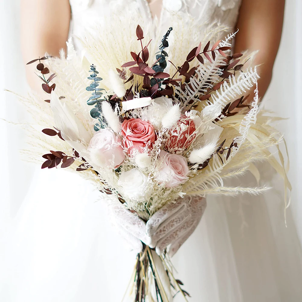 

White& Cream Pink Preserved Rose Wedding Bouquet,Boho Pampas Grass Bouquet,Dried Flowers Bouquet,Bridal Bouquet,Photo Props