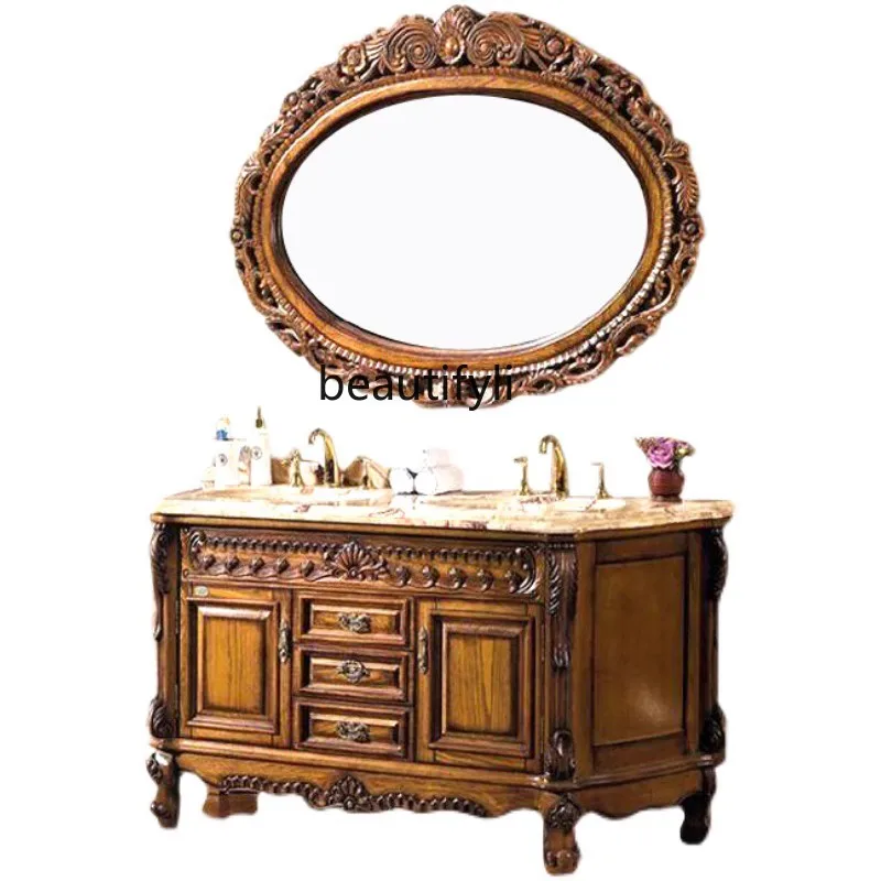 

European style, antique carved bathroom cabinet, floor-to-ceiling solid wood bathroom cabinet, hand washing washbasin cabinet