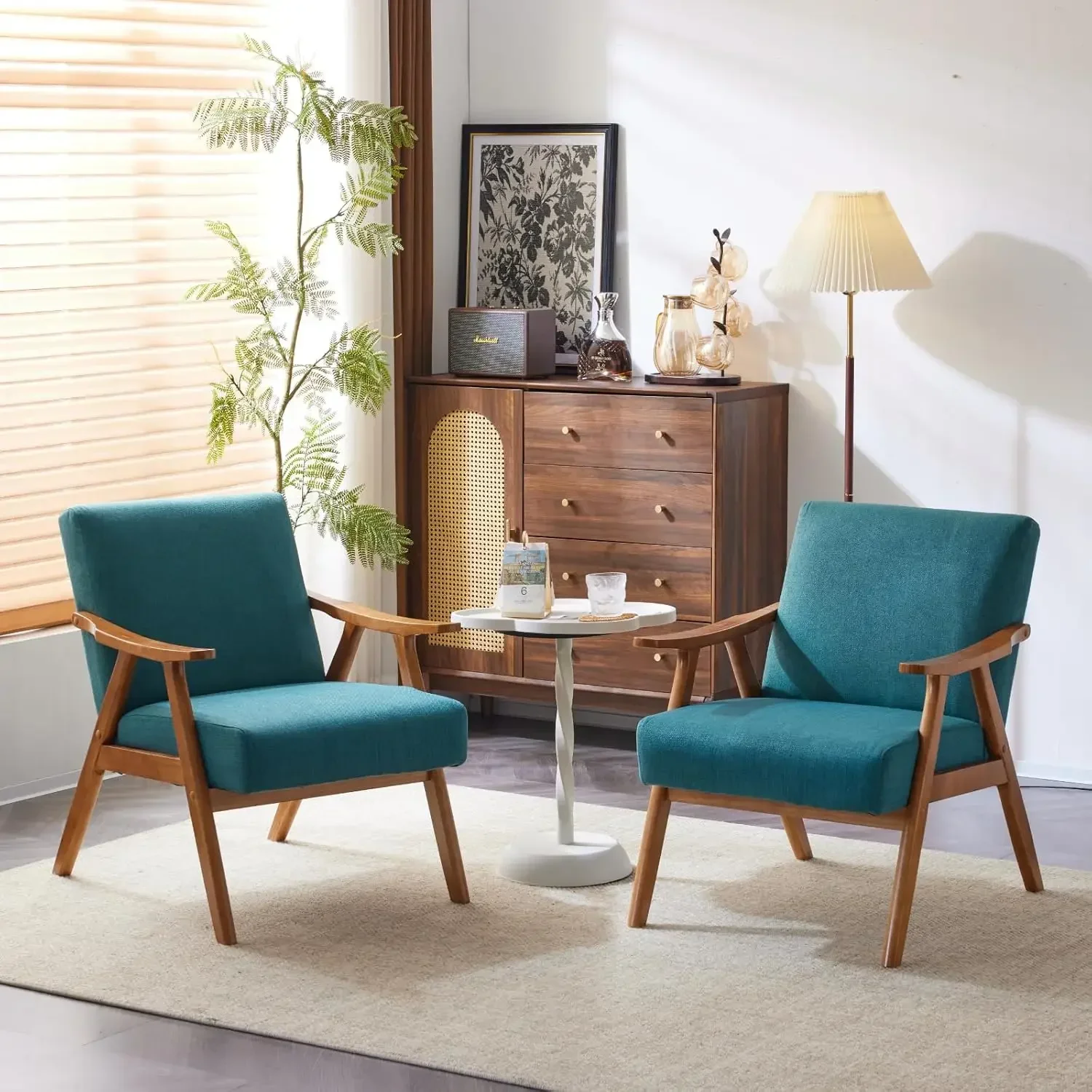 Teal Accent Chairs Set of 2, Retro Mid Century Lounge Chairs , Sturdy Upholstered Solid Wood Boho Farmhouse Armchairs