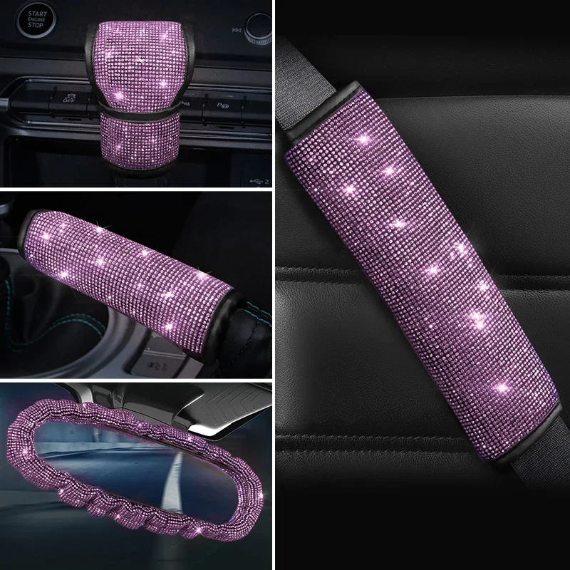 Bling Frauen Auto Zubehör Auto Handbremse Getriebe Shift Rückspiegel Armlehne Abdeckung Schulter Pad Rosa Strass Dekoration Set