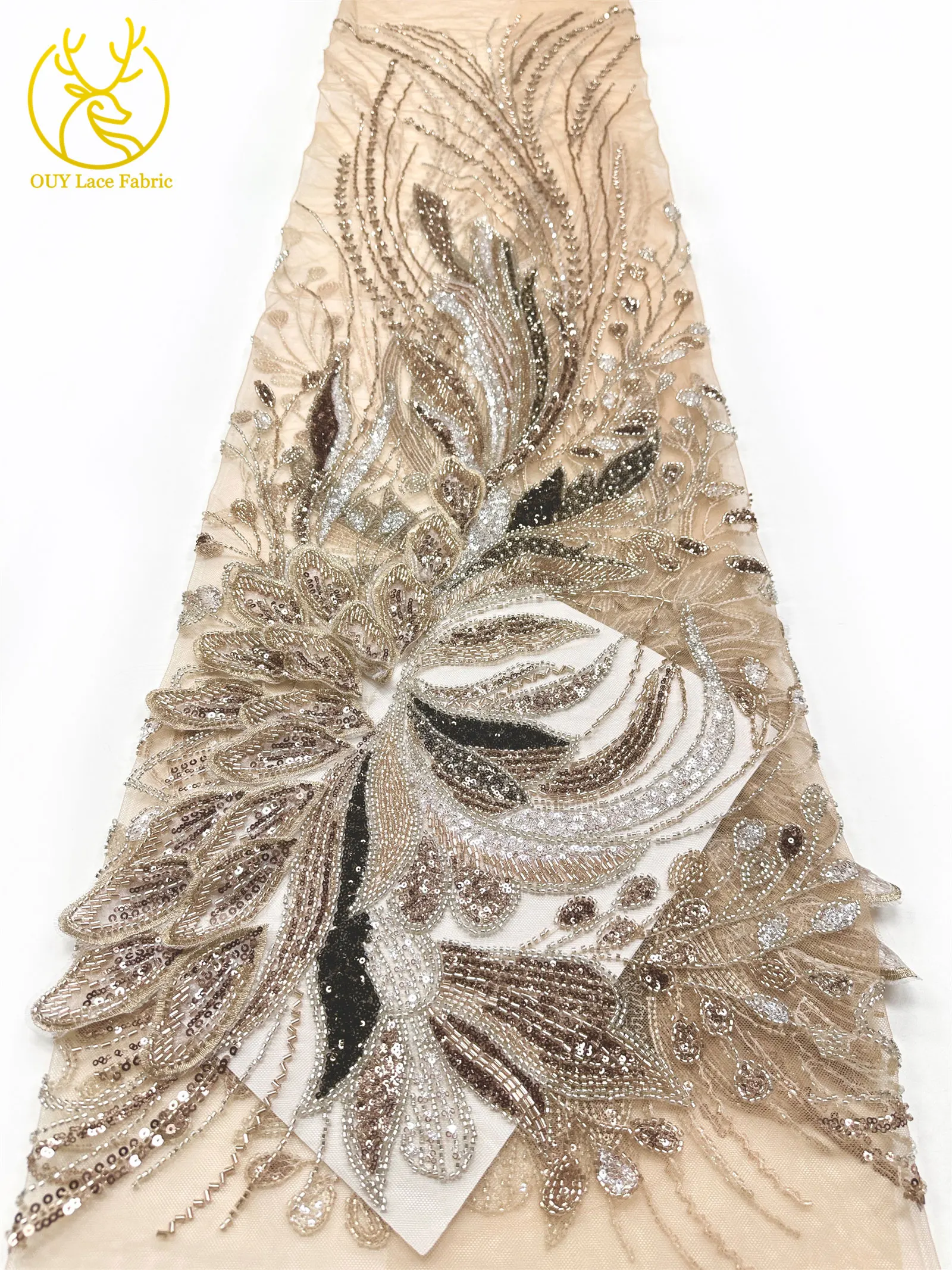 3D Afrikanischer DIY handgefertigter bestickter Perlen-Spitzenstoff, hochwertige nigerianische Pailletten-Französisch-Spitze aus Tüll für Damen-Hochzeitskleider – Detail 20