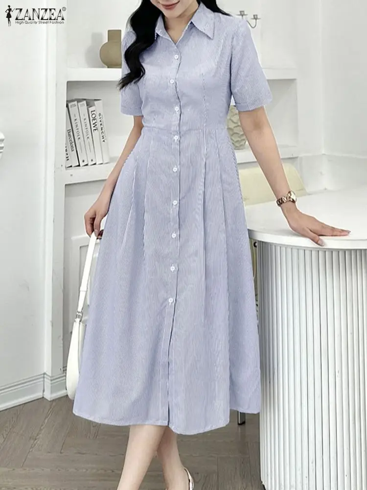 2023 Zomer Gestreepte Jurk ZANZEA Elegante Vrouwen OL Werk Midi Jurken Revers Hals Korte Mouw Vestidos Kantoor Zonnejurk Knop Gewaad