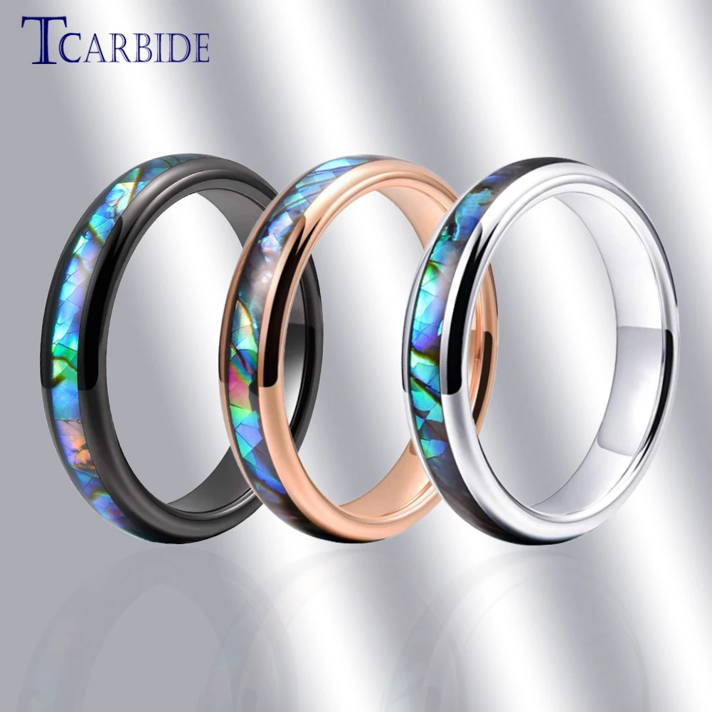 

4mm Women Ring Free Shipping Tungsten Wedding Band Abalone Shell Inlay Domed Polished Trendy Jewelry