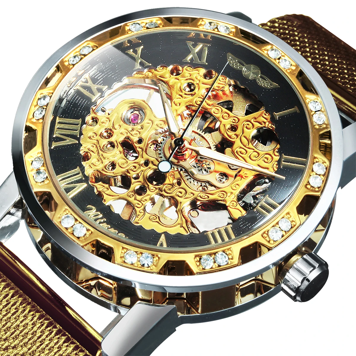 ساعات رجالي كلاسيكية كلاسيكية من WINNER من أفضل العلامات التجارية الفاخرة مع هيكل عظمي متعرج يدويًا ساعة ميكانيكية شبكية بحزام من الفولاذ المقاوم للصدأ