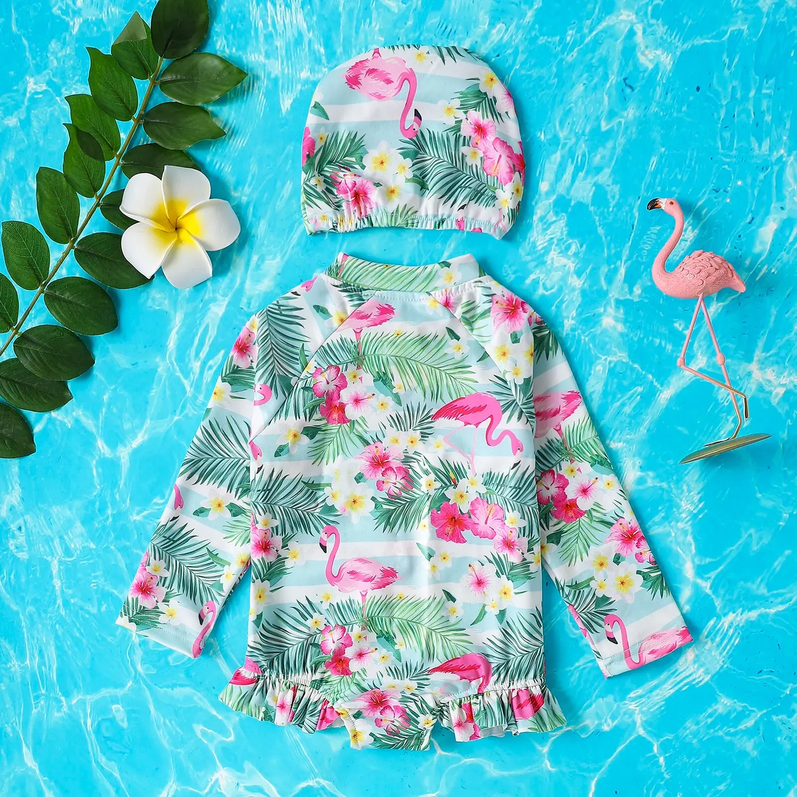 Girls Summer Flamingo Print Long Sleeved Swimsuit+Swim Cap