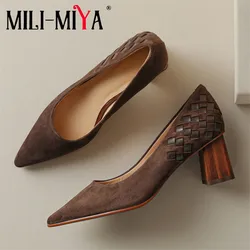 MILI-MIYA Concise Solid Color Style Women Kid Suede&Cow Leather Pumps Pointed Toe Thick Heels Slip On Office&Career Shoes Handma