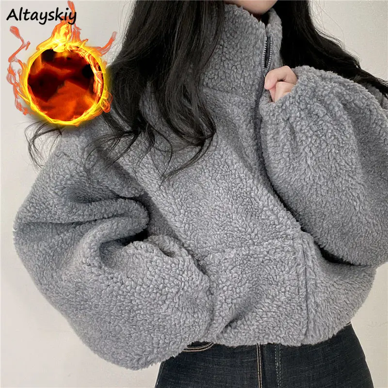 Cropped Zip-up Jackets Women Winter Thicken Coats Streetwear Warm Korean Style All-match Chaquetas Mujer Fashion Loose Sexy Lady