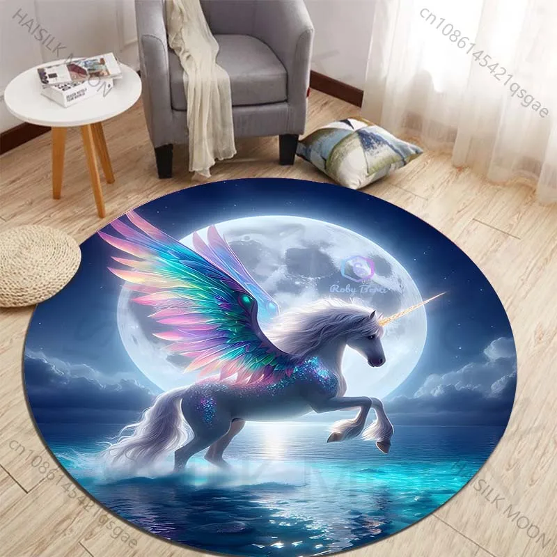 Magical unicorn with rainbow wings under the moonlight round carpet living room sofa table large pet mat soft round carpet
