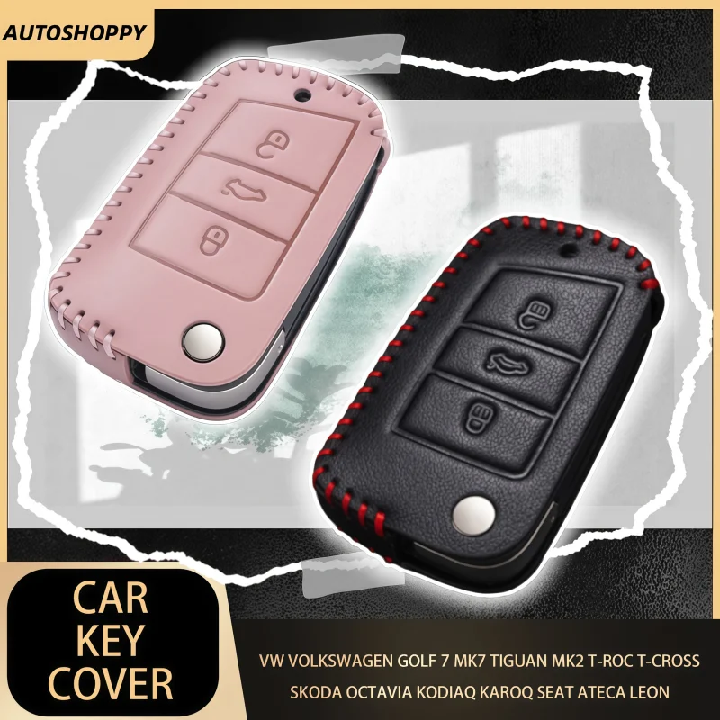 

Leather Key Case Cover for VW Volkswagen Golf 7 MK7 Tiguan MK2 T-roc T-cross Skoda Octavia Kodiaq Karoq Seat Ateca Leon Fob