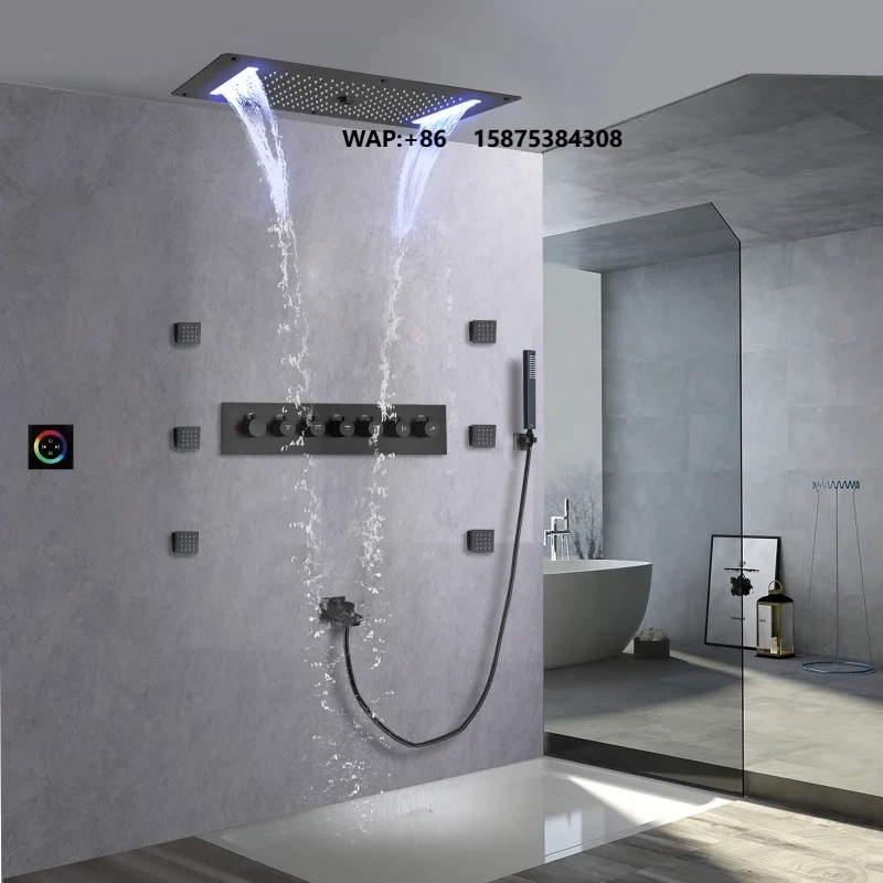 Matte Black Shower System 70X38 CM LED  Bathroom Thermostatic Multifunction Shower Set With Handheld