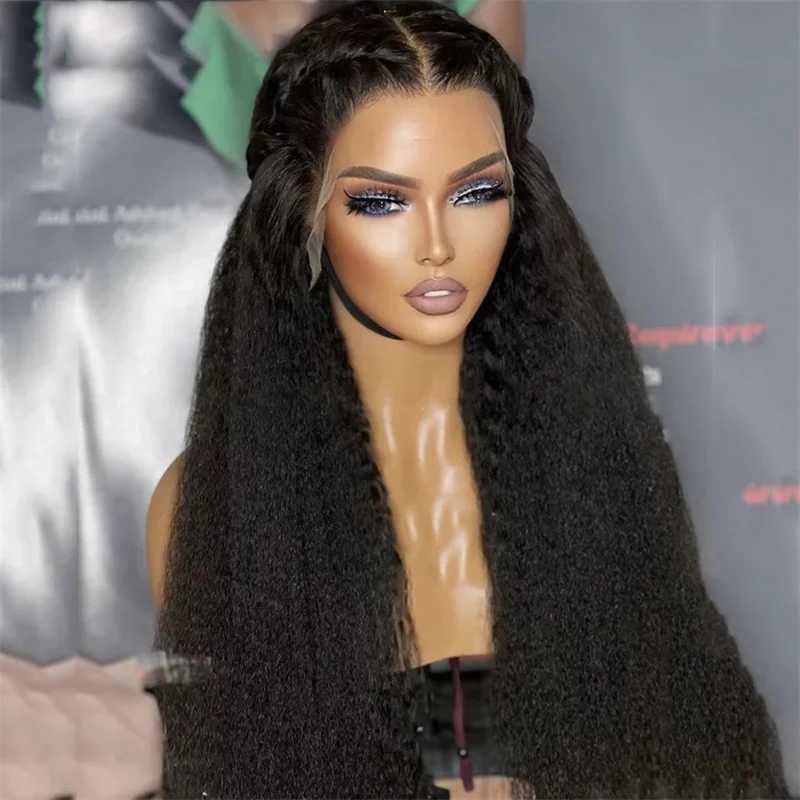 

Soft Natural Black Yaki Kinky Straight Lace Front Wig For Women With Baby Hair Synthetic Preplucked Glueless Dailywearing