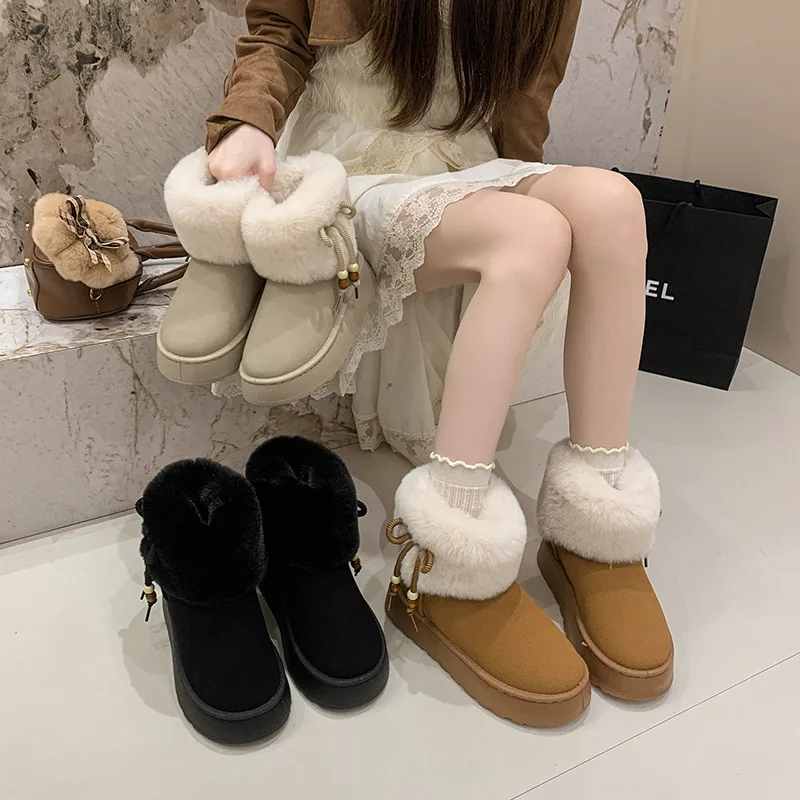 

2025 Winter Plush Snow Boots Women 36-43 Chunky Flat Sole Platform Ankle Booties Warm Furry Lined Slip On Outdoor Shoes