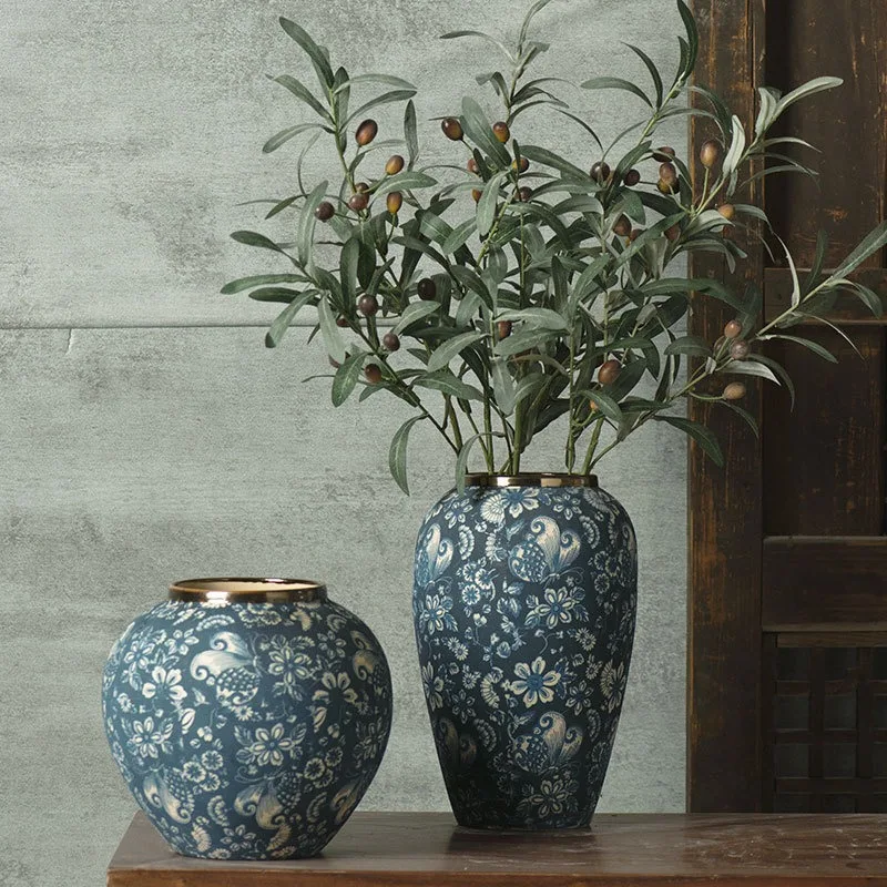 Ceramic blue and white countertop ornament handmade vase Chinese retro flower arrangement ornament