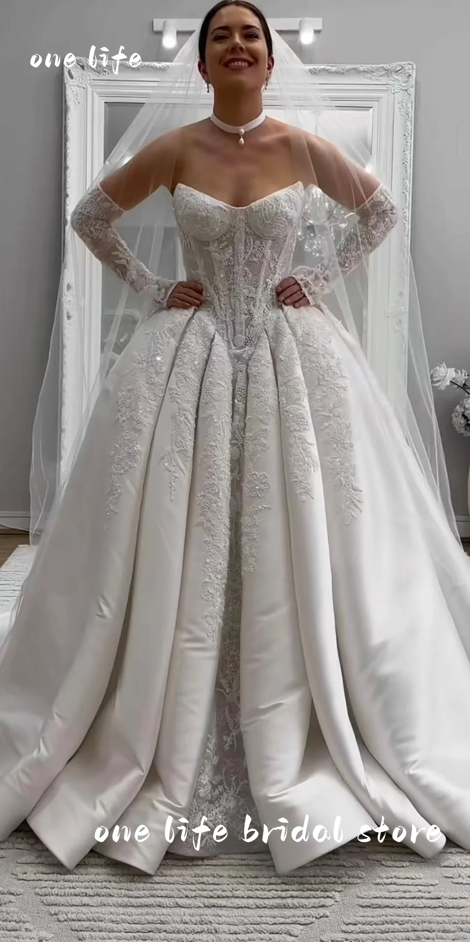 Vestidos De Novias Princesa Wedding Dress Lace Satin Novia Iglesia Mangas Desmontables Bespoke Bridal Dresses