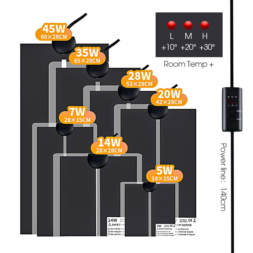 Plants Heating Pad 5-45W Waterproof Warmer Heat Mat with Thermostat Controller 2/4/6H Timing Winter Reptile Terrarium Heaters