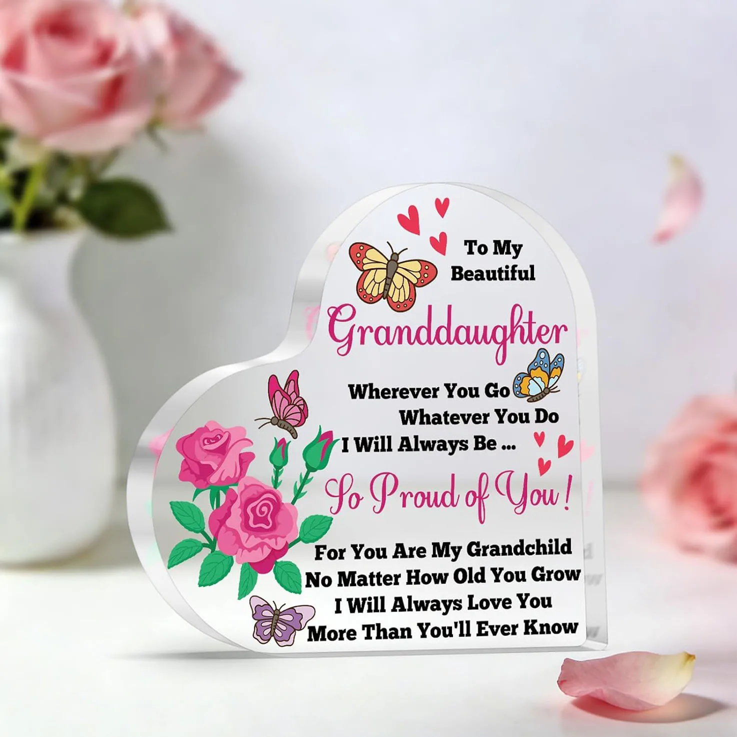 Bright Pink Rose & Butterflies Heart Acrylic Keepsake Plaque, Grandparent‑Grandchild Loving Table Ornament