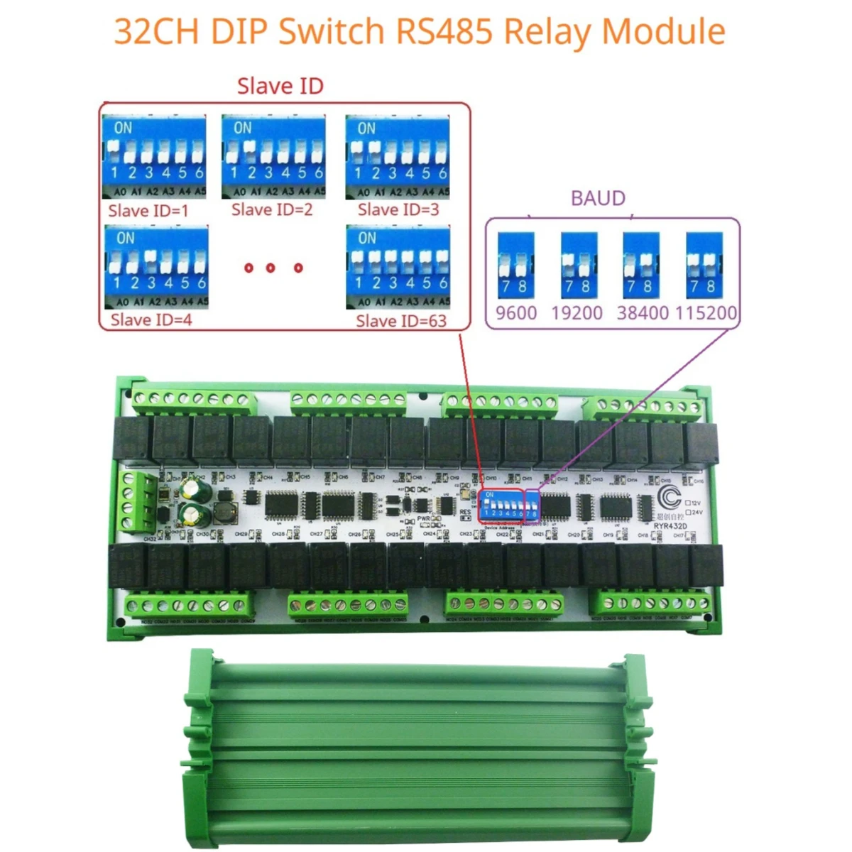 Easy to Instal DC 12V 24V 20A 32CH RS485 Relay Module Multifunction Modbus RTU Switch PLC Remote IO Board