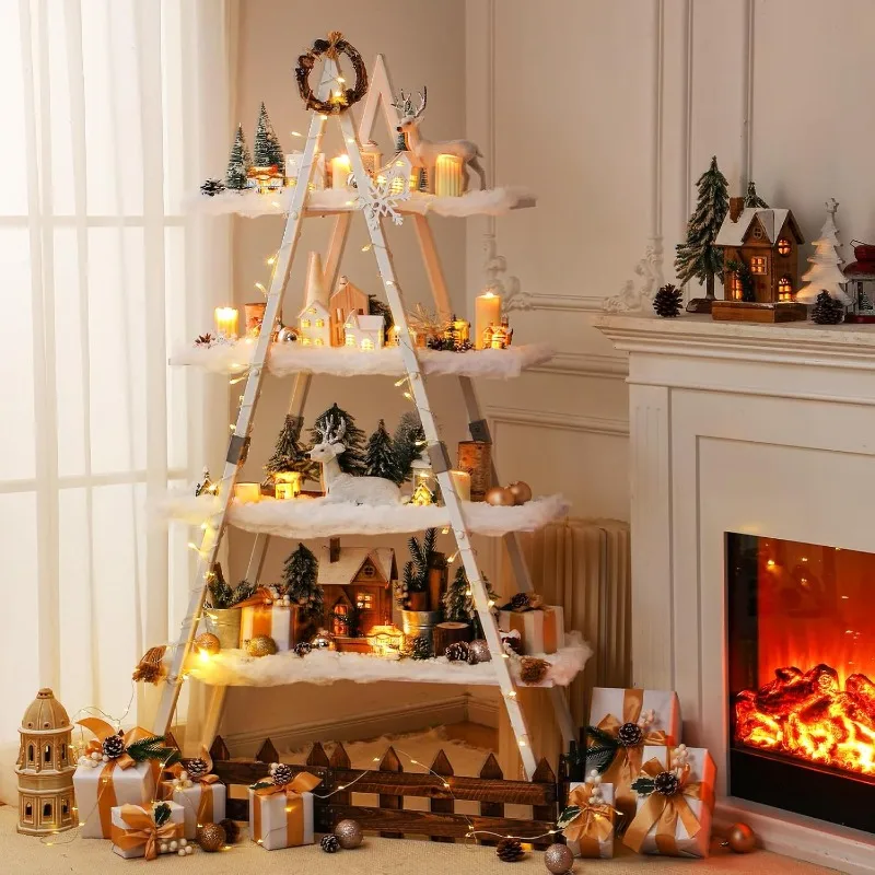 Christmas Village Display Shelves 4 Tier Ladder Bookshelf A Shaped Bookcase with Artificial Snow Blanket Tall Wooden