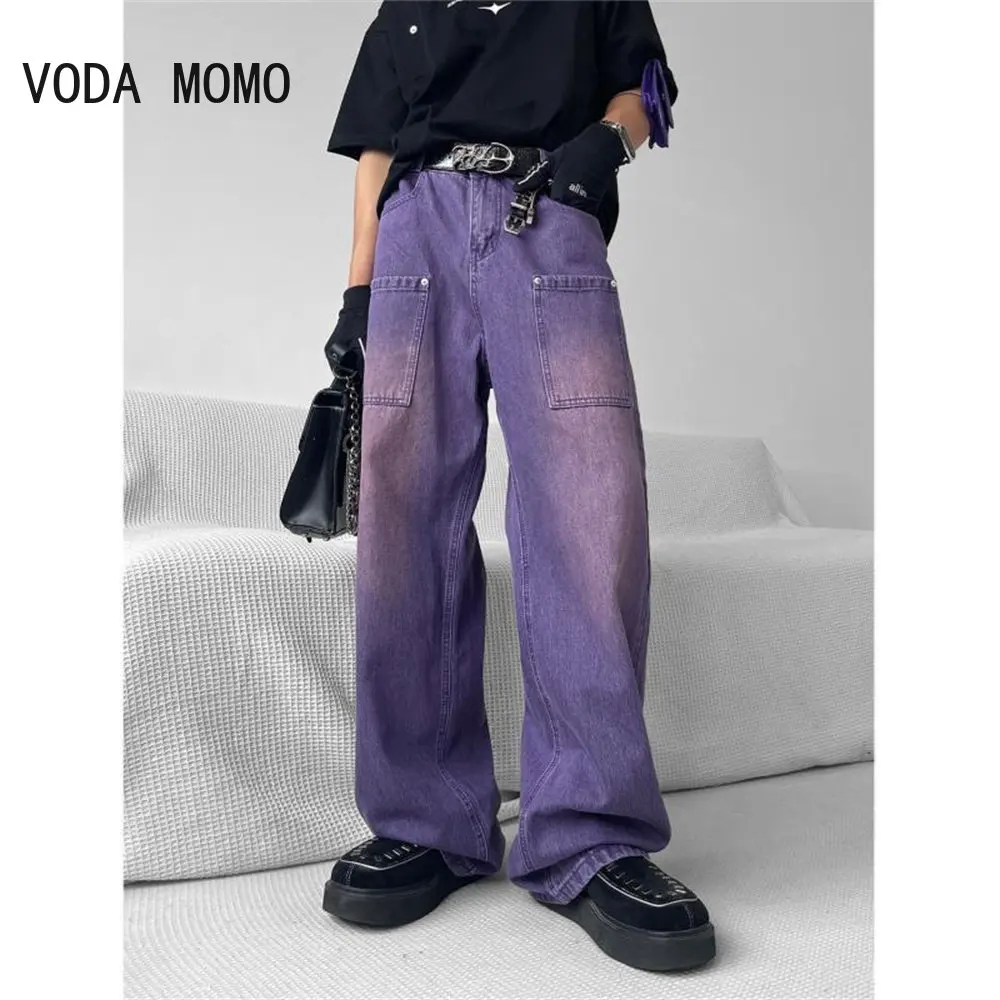 Jeans Pria Jepang Jeans Ungu Modis Celana Baggy Kargo Denim Tari Skateboard Pakaian Jalanan Kasual Antik Lurus Longgar