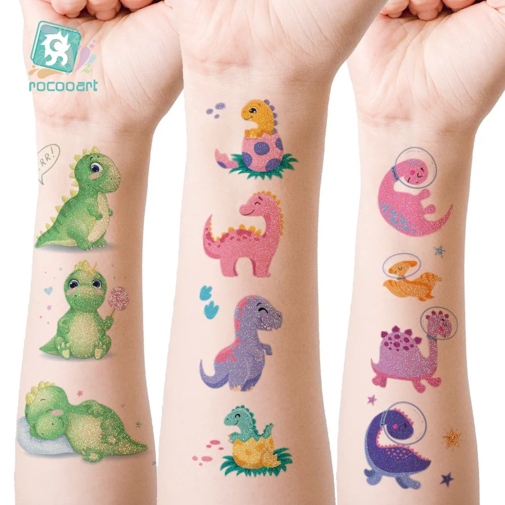 Glitter Dinosaur Tattoo Stickers para Crianças, Tatuagem Temporária Impermeável, DIY Fake Tatto, Crianças Body Art, Mão e Rosto