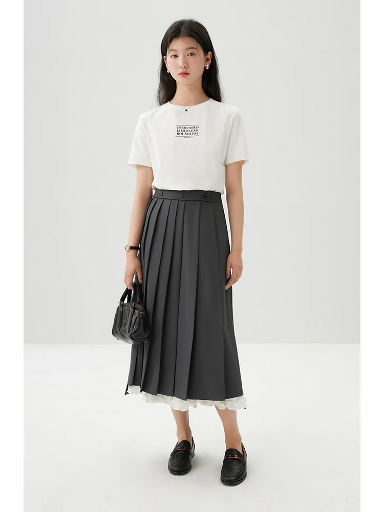 ZIQIAO Design Contrast A-line Pleated Skirt For Spring 2024 New High Waisted Slim Length Grey Women Skirt 24ZQ91091