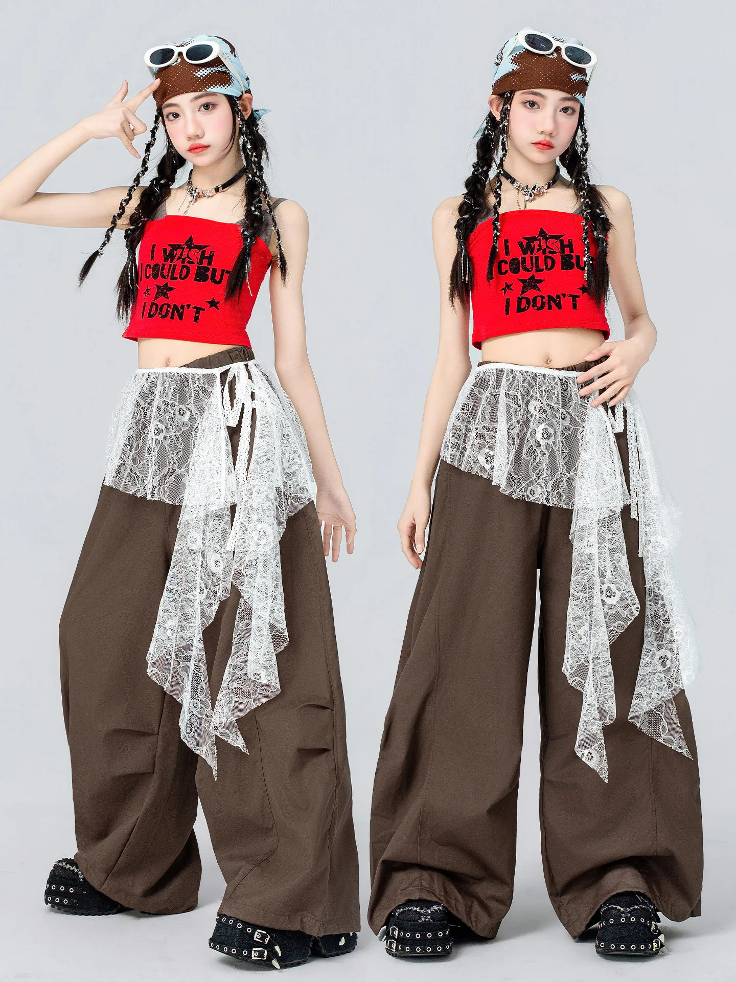 

2026 Children Ballroom Hip Hop Dance Costumes For Girls Group Red Vest Loose Pants Outfits Jazz Performance Clothing DQS23125