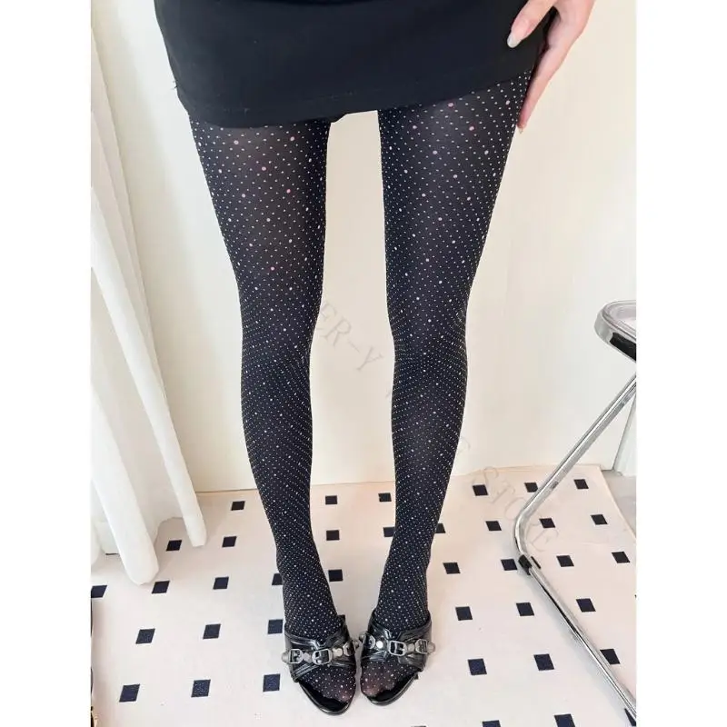 R7UF Nylon Dotted Tights for Women, Full-Length Footed Hosiery with Black and Pink Pattern, Stretchy Pantyhose for Daily Outfit